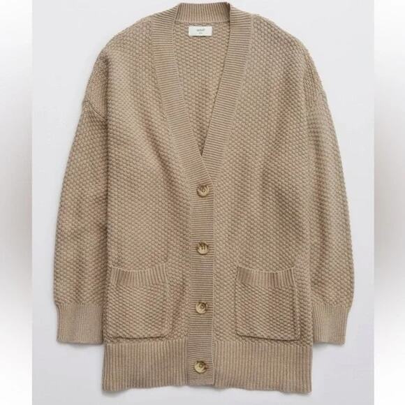 Aerie Oversized Varsity Textured Button Up V Neck Cardigan Sweater Oatmeal Tan M - Picture 2 of 5
